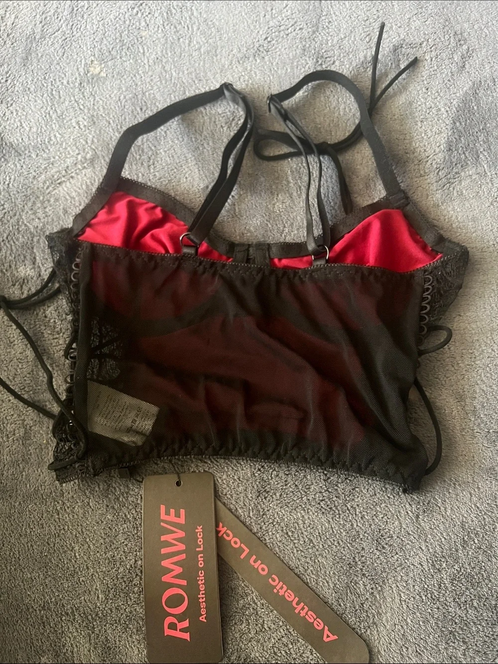 Shein Romwe Red and black goth spider web print lace-up top XS - Picture 3 of 7